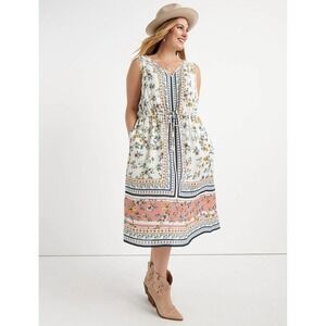 Lucky Brand Floral Border Print Sleeveless Midi Dress Cream Pink Blue Large